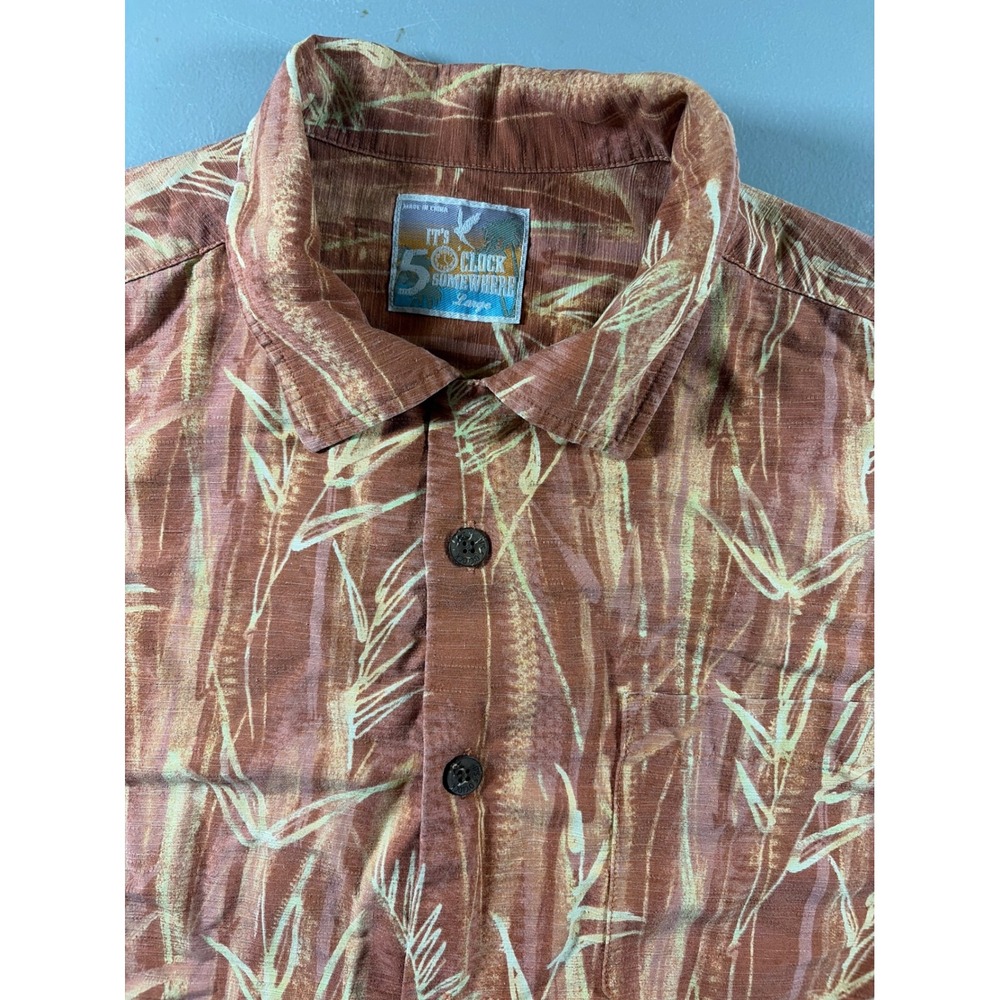 It's 5 O'Clock Somewhere Hawaiian Shirt Mens Large Orange 100%‎ Silk Tropical SS